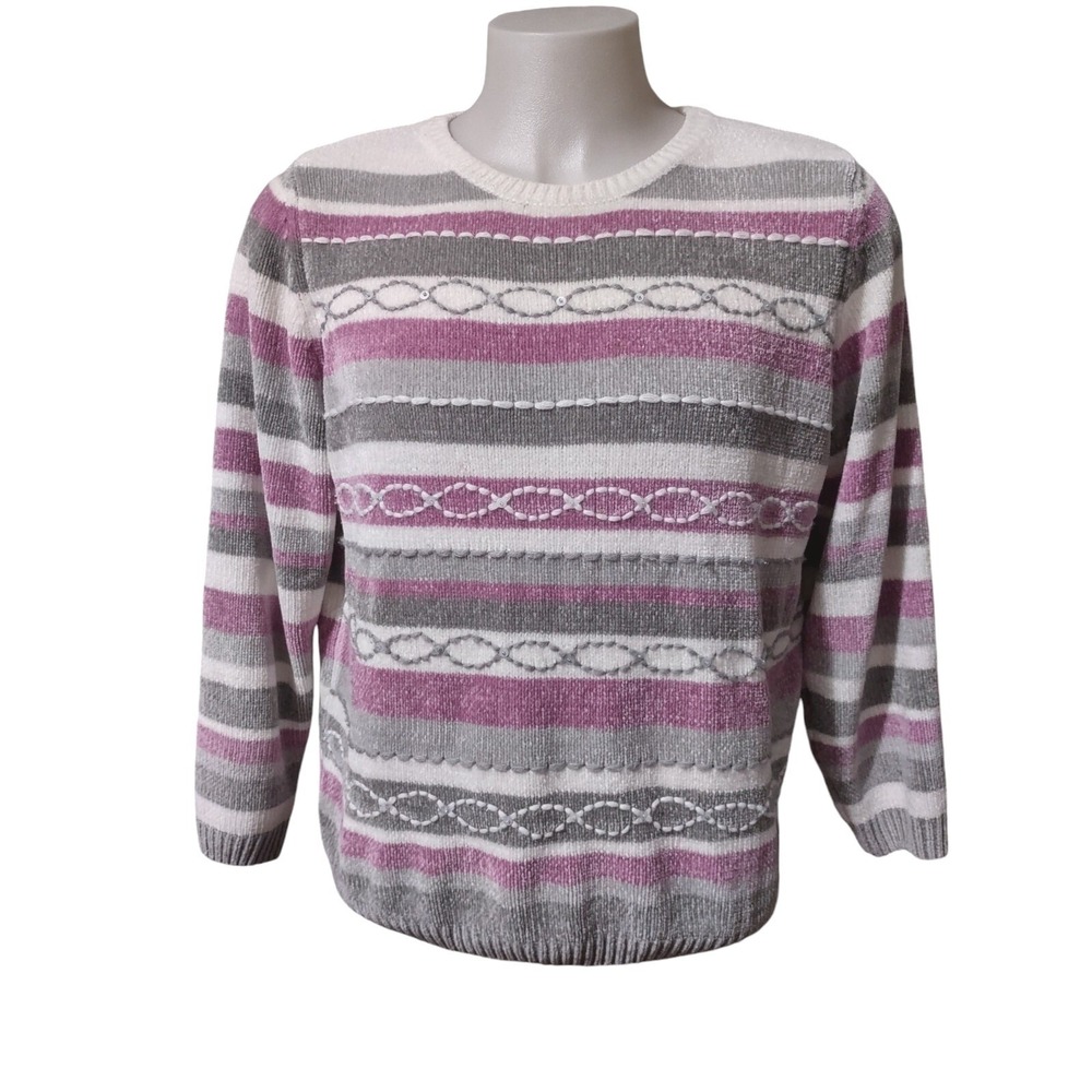 Alfred Dunner Sweater Large Women Cozy Core Purple Striped Chenille Sequin Retro